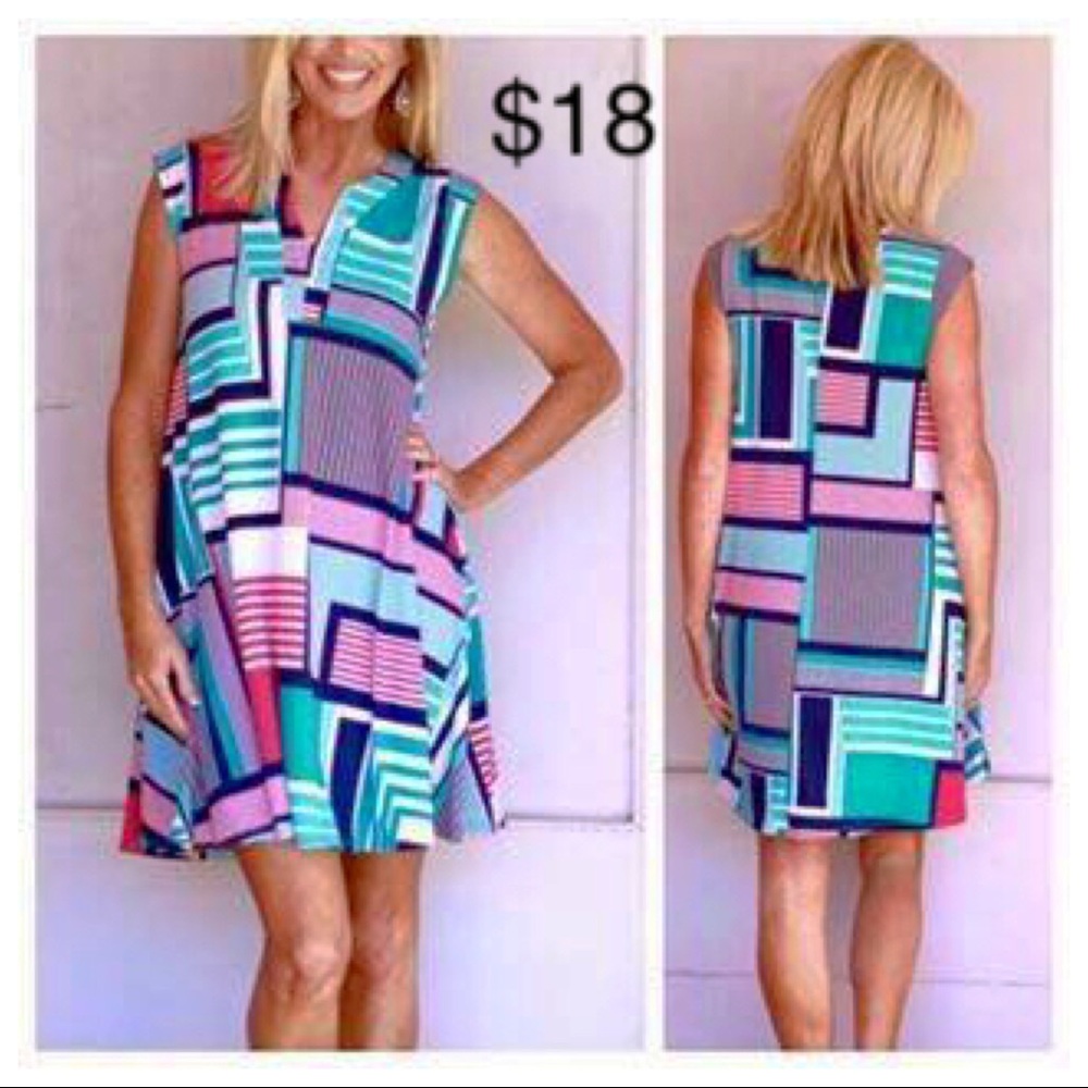 🆕💚 Super comfortable! Pocketed-colorful block print dress-v-neck